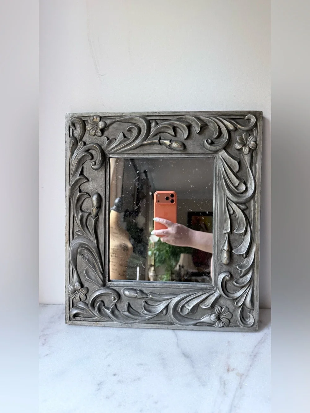 Decorative Floral Carved Square Wall Mirror - silver Gray